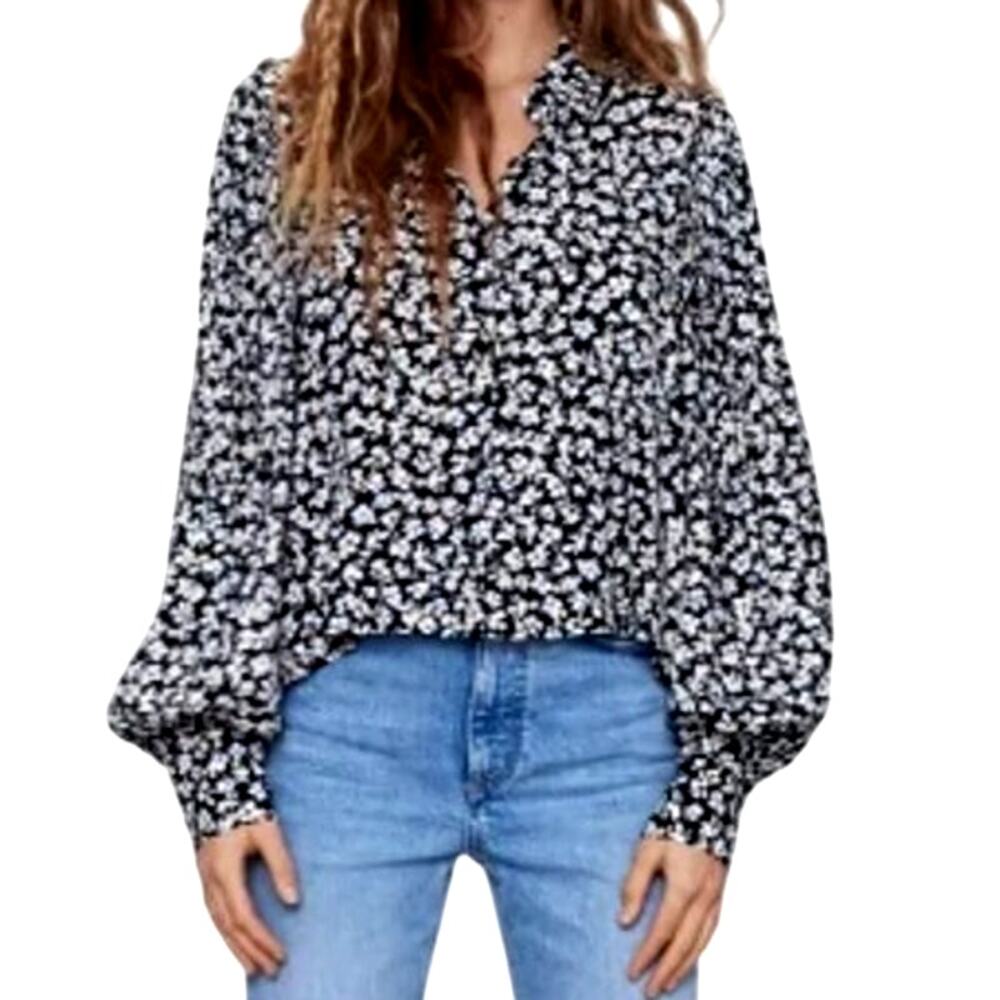 Zara Blouse M Black Floral Balloon Sleeve Button Up Cropped‎ Shirt Casual Boho